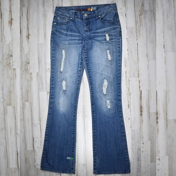 Y2K style Mudd blue stretch denim frayed low rise bootcut jeans Junior's size 9 - Picture 1 of 7